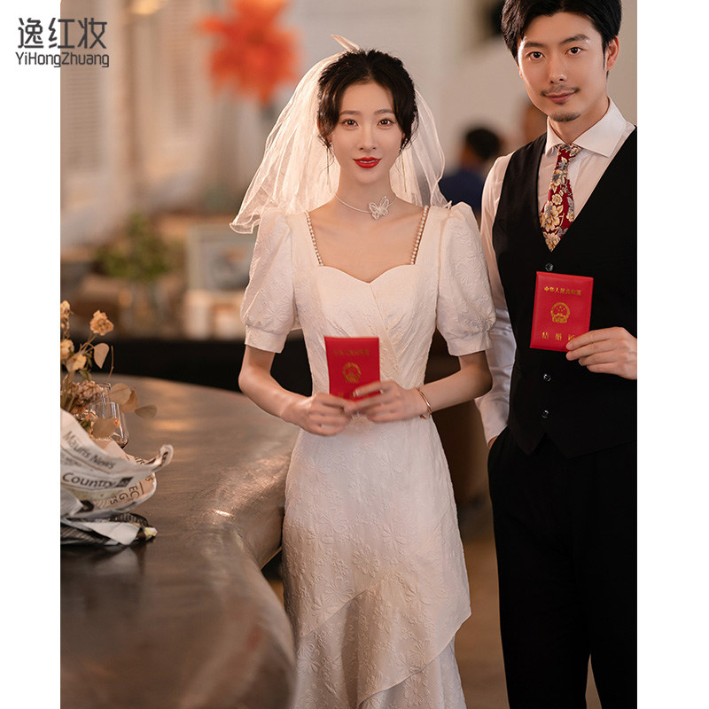 速发可色鱼质订婚礼服2022新款冬季气尾领证登记连衣裙平时白穿高