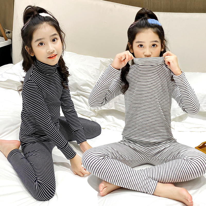 加绒学生条纹半高领打底内衣套装