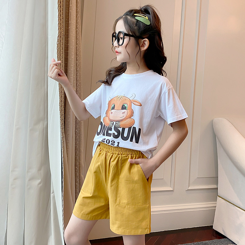 女童夏季套装2021新款时尚网红女孩休闲夏装中大童短袖短裤两件套