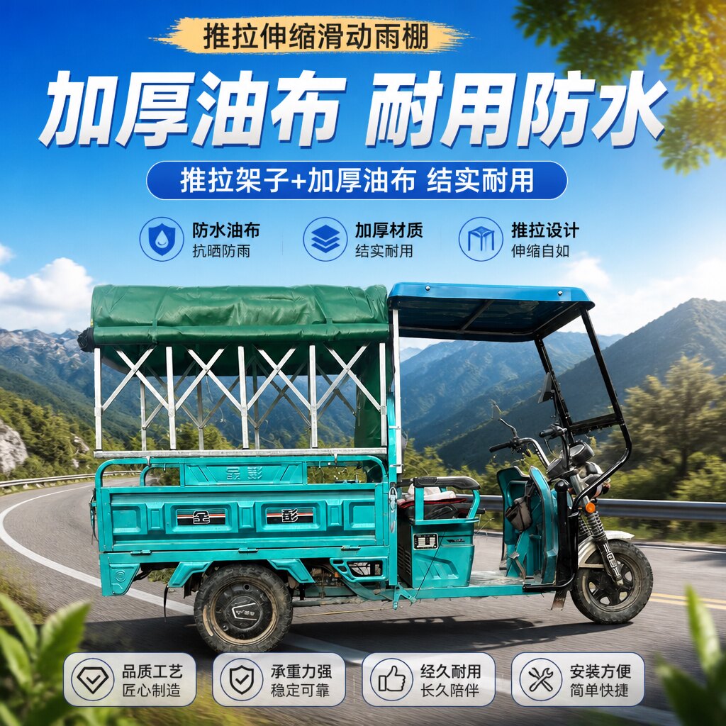 电动三轮车推拉滑动车棚加粗钢架免打孔耐磨防雨布全包围遮阳雨蓬
