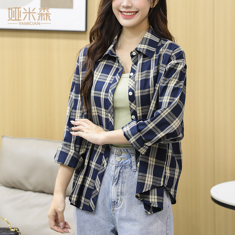 格子长袖复古衬衫春秋新款上衣韩版洋气宽松设计休闲衬衣百搭外套