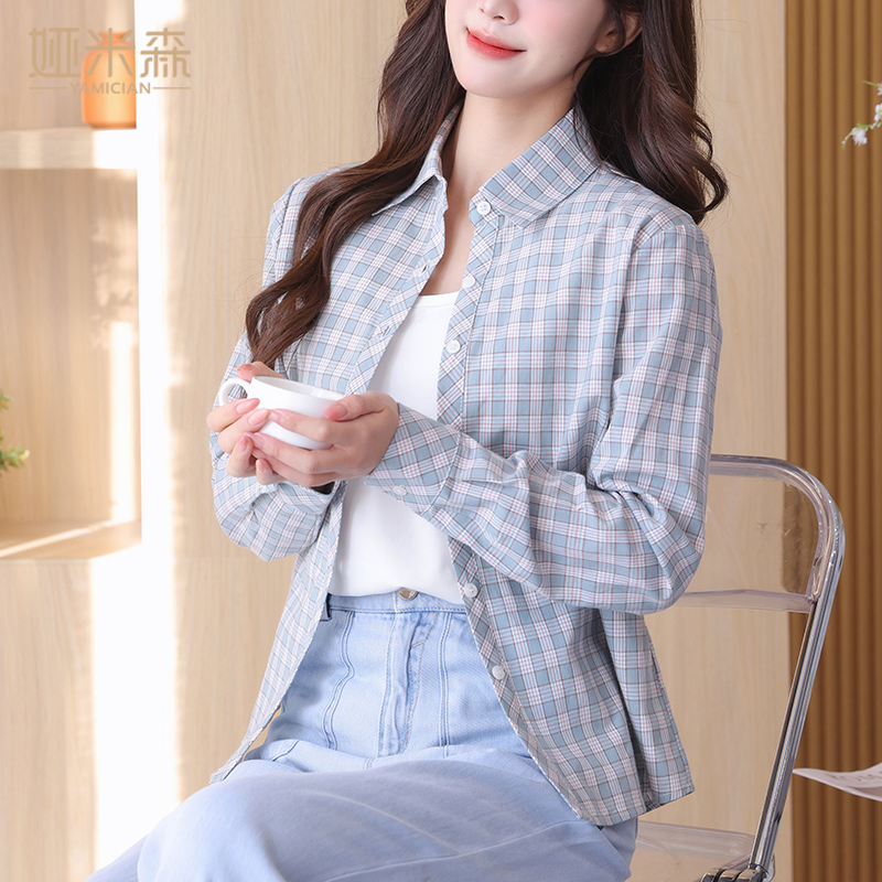 韩版春秋薄款纯棉格子衬衫长袖
