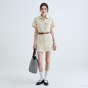 连衣裙女 2025年新款 简约衬衫 polo领百搭休闲社交卡其色夏季 薄款