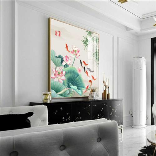 中式正方形九鱼图玄关装饰画鲤鱼饭餐厅入户背景墙客厅背景墙挂画图片