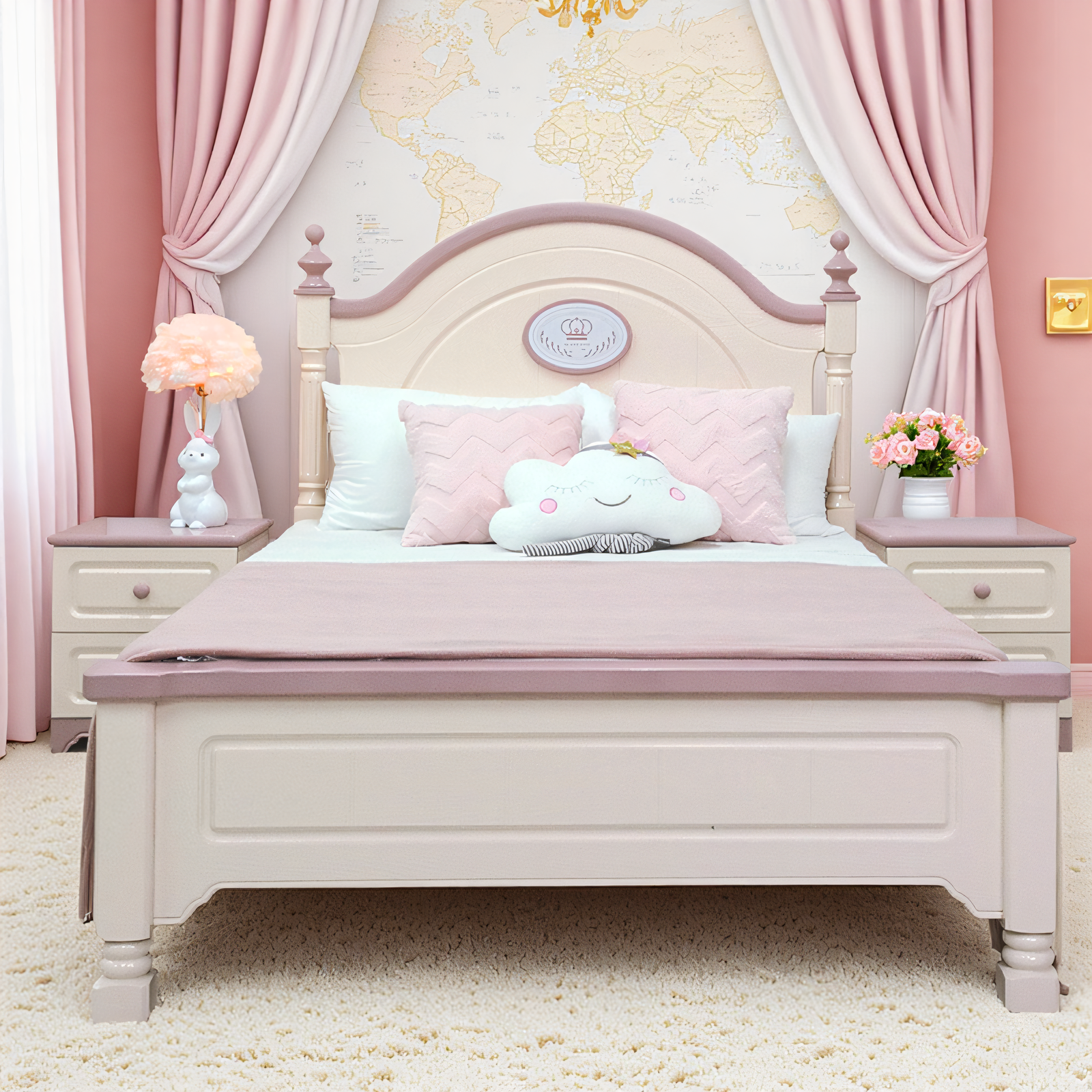 100%纯实木1米5儿童床青少年女孩卧室公主床粉色皇冠简约女童床