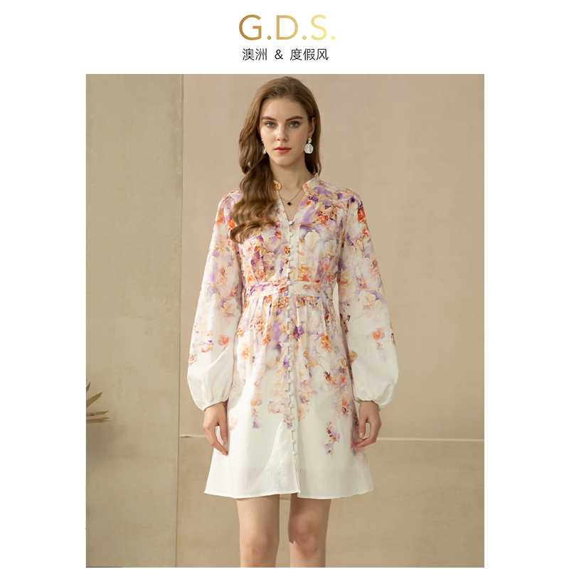 GDS澳洲品牌度假风棉麻高端气质2024春款女装新款印花连衣裙夏季