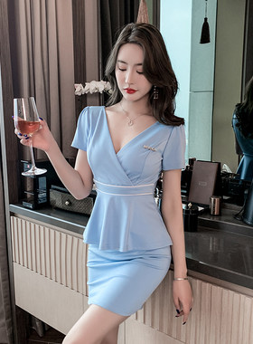养生会所V领短袖连衣裙工作服 包臀聚酯纤维职业套装 通勤韩版女