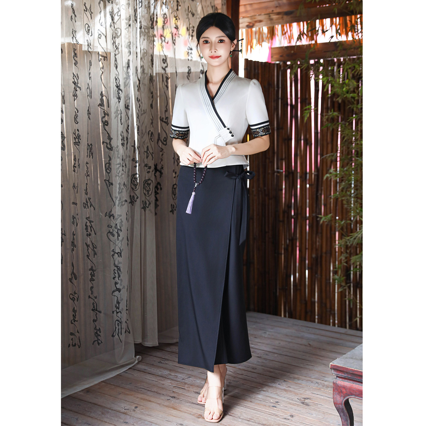 新中式禅意复古风茶艺师服装美容院足疗店桑拿按摩养生工作服套装