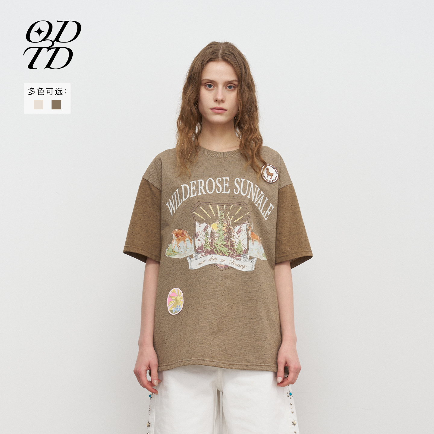 动物场景撞色印花T恤女