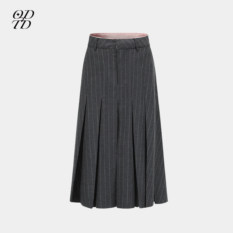 【odtd 设计师品牌】24春夏高腰灰色条纹撞色直身西装百褶半身裙