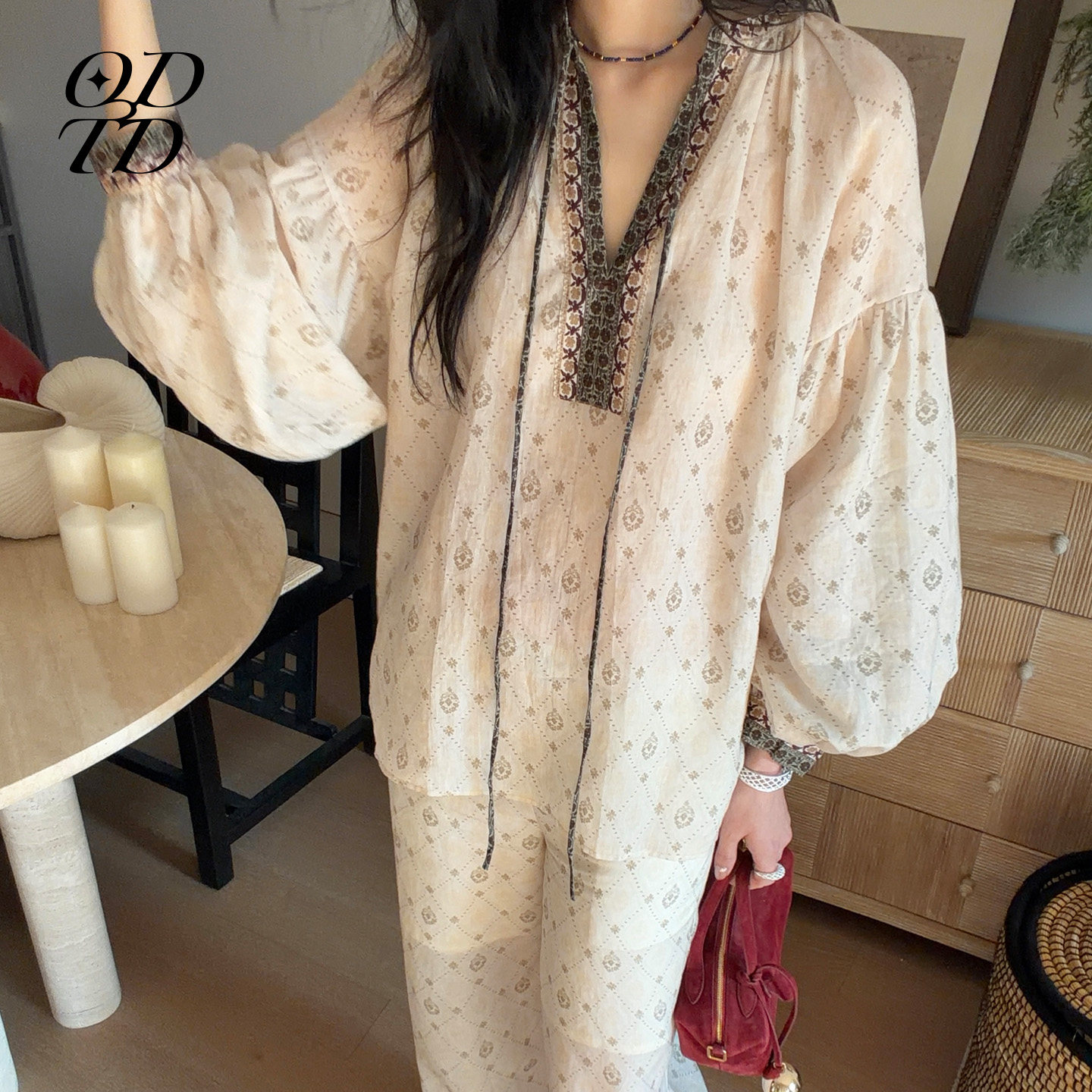 【设计师女装】ODTD26春夏新款V领泡泡袖系带衬衫印花长裤套装女,女装/女士精品,衬衫,淘宝优惠券,粉丝福利购,淘宝优惠卷