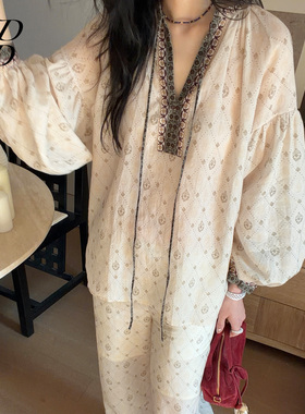 【设计师女装】ODTD26春夏新款泡泡袖衬衫印花长裤流浪嬉皮套装女