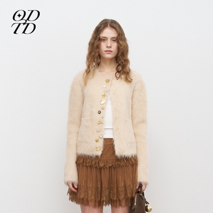羊驼毛混色扣子针织开衫 ODTD25秋冬新款 圆领上衣女 设计师女装