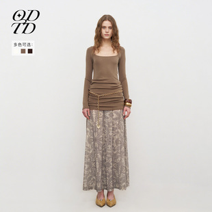 新款 ODTD25秋季 撞色真两件拼接U领连衣裙长裙套装 设计师女装