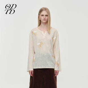 胶囊复古印花亚麻上衣宽松百搭长袖 ODTD25冬季 T恤 设计师女装