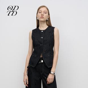 珠片花朵蕾丝牛仔马甲外套上衣女装 ODTD25春夏新款 设计师品牌