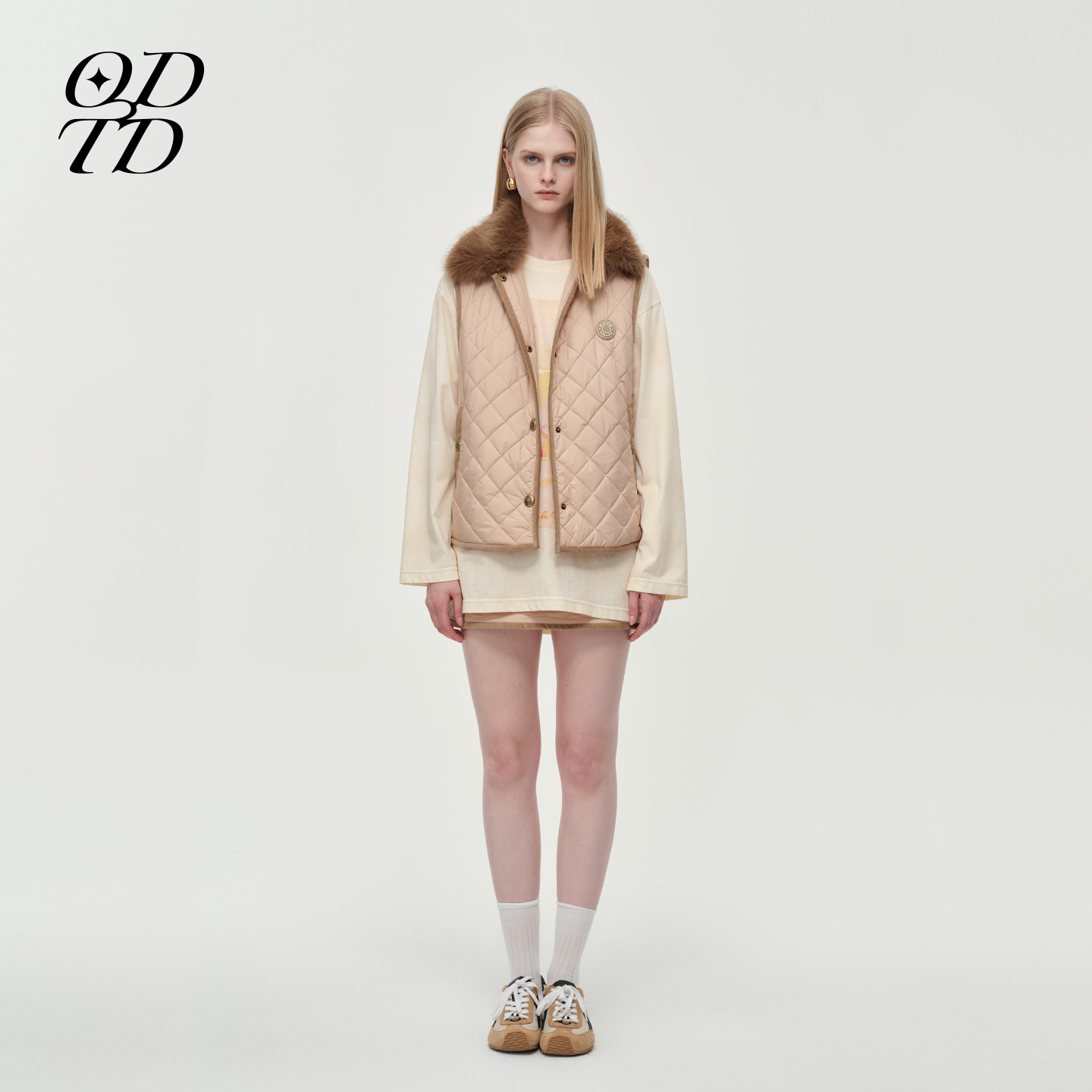 菱形绗棉可拆卸毛领宽松马甲女