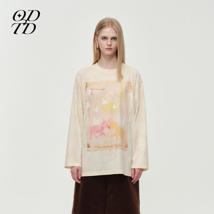 胶囊渐变做旧印花宽松长袖 ODTD25冬季 T恤上衣休闲 设计师女装