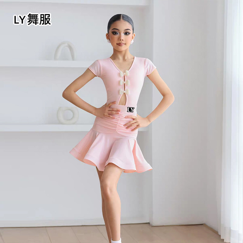 专业高级拉丁舞服女童春夏蝴蝶结少儿网红分体套装艺考摩登演出服