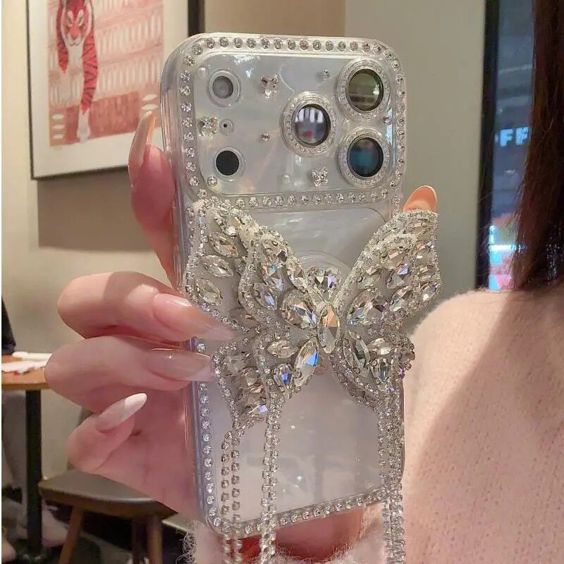 流苏蝴蝶支架适用苹果17手机壳iphone16promax硅胶小米17promax新款15Pro透明奢华13名媛风14全包镜头保护套