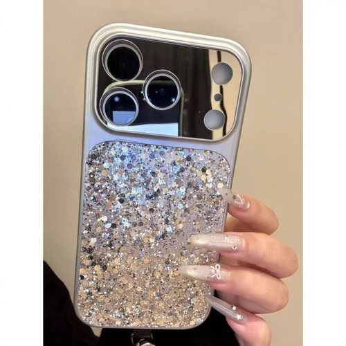 高级感银底亮片闪粉挂件手拎绳适用苹果17promax手机壳iphone16新款15pro女款14pm全包保护壳