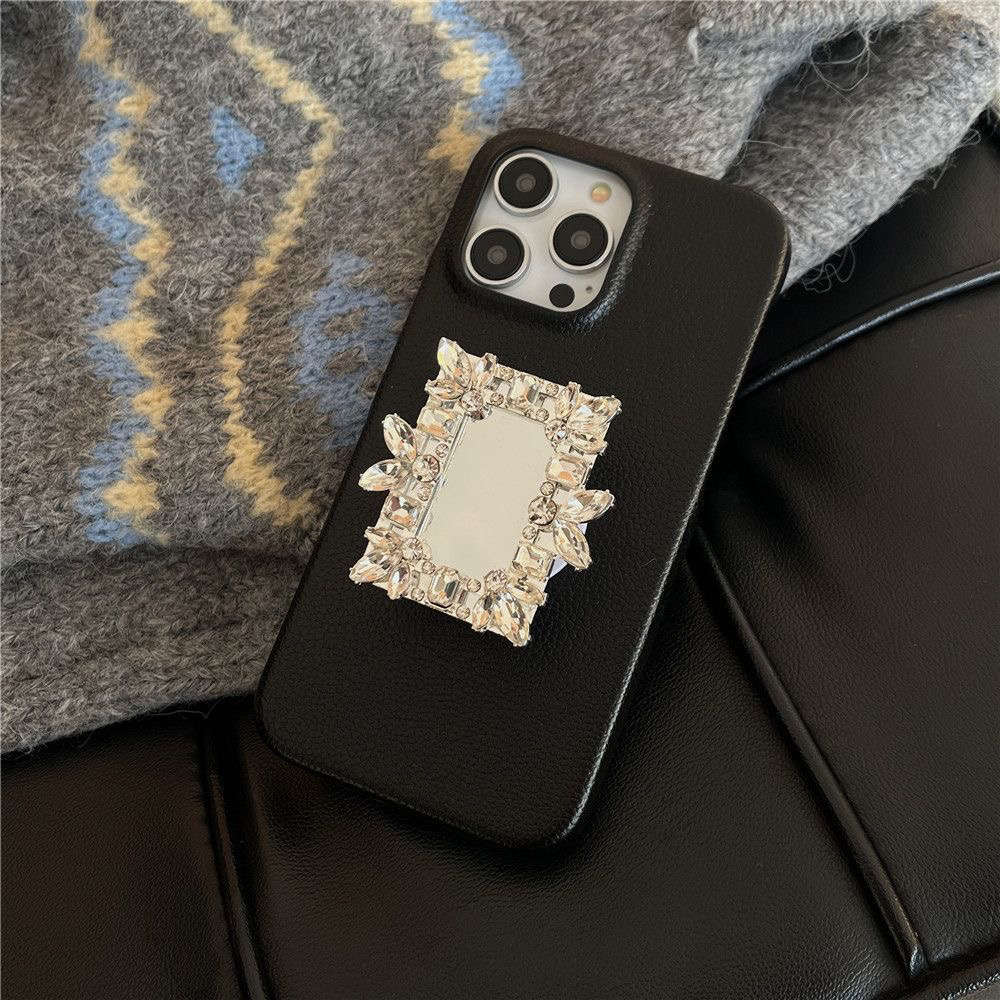 适用于苹果15ProMax手机壳防摔11234潮女款皮质硬壳镜子支架INS风荔枝纹精致水钻苹果保护壳高级小众