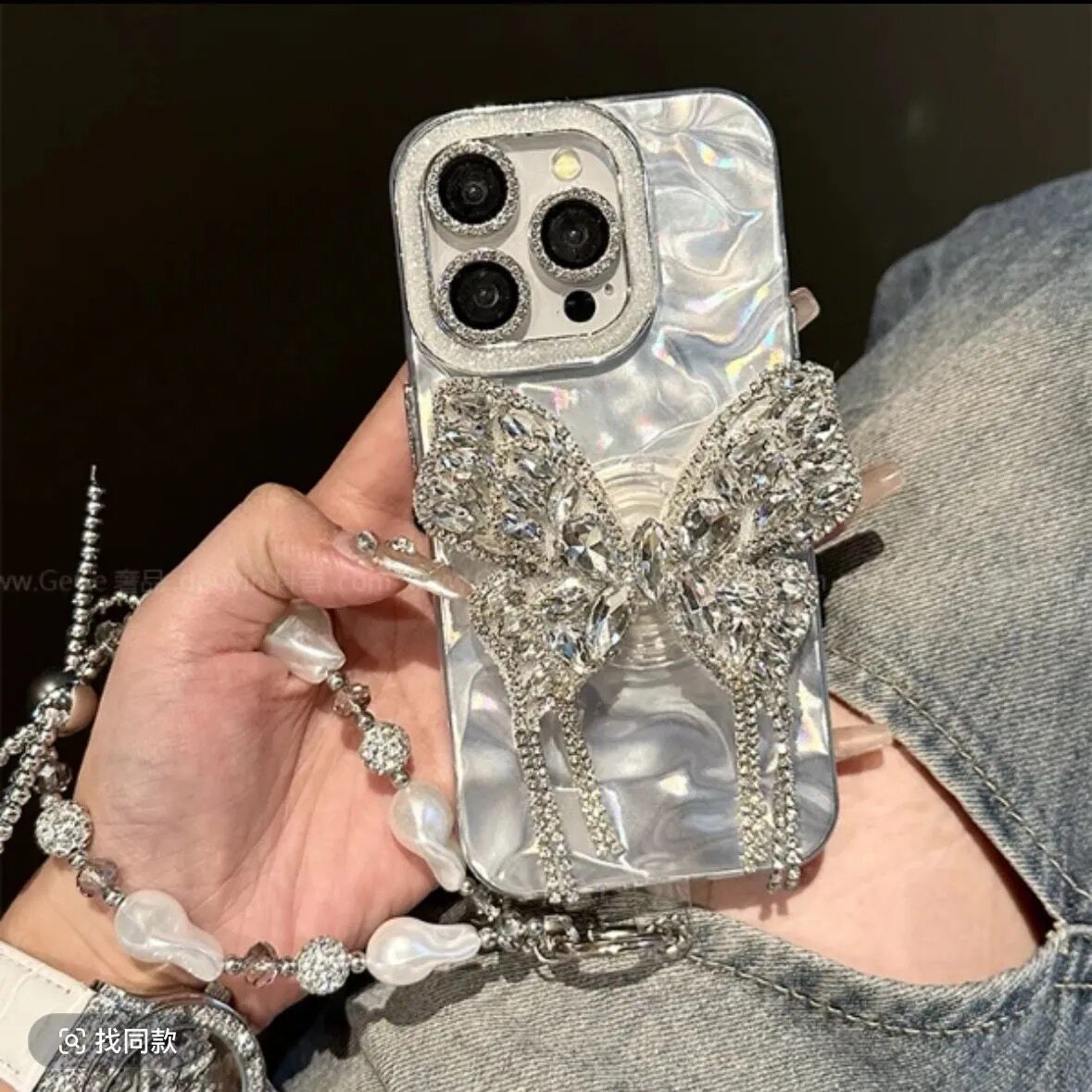 ins气质闪钻流苏蝴蝶高级感手机壳适用15pro苹果iPhone16promax新款支架13防摔套14女