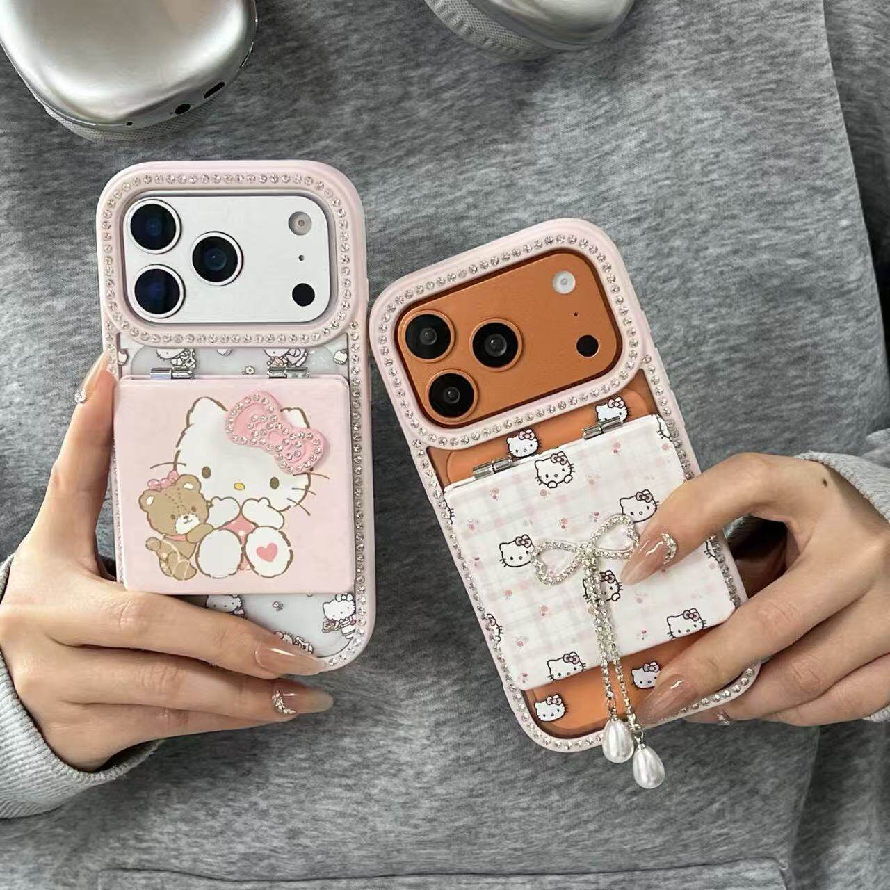 超仙闪钻边框KT猫翻盖镜子适用苹果17promax手机壳iphone17新款16pro保护套14女款13全包防摔15带链条kitty猫