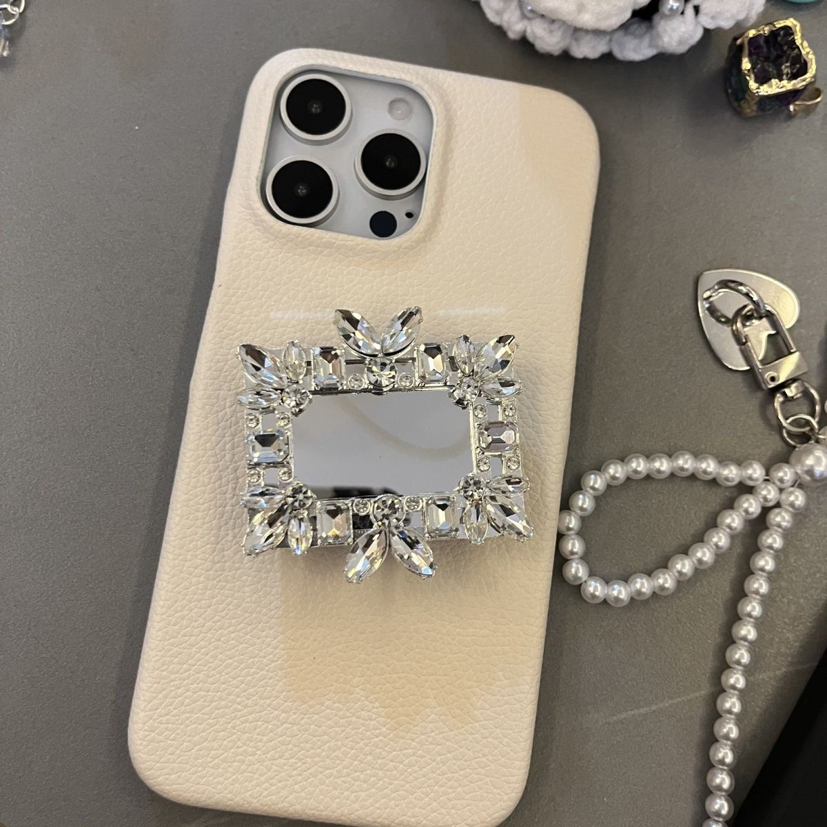 适用于苹果15ProMax手机壳防摔11234潮女款皮质硬壳镜子支架INS风荔枝纹精致水钻苹果保护壳高级