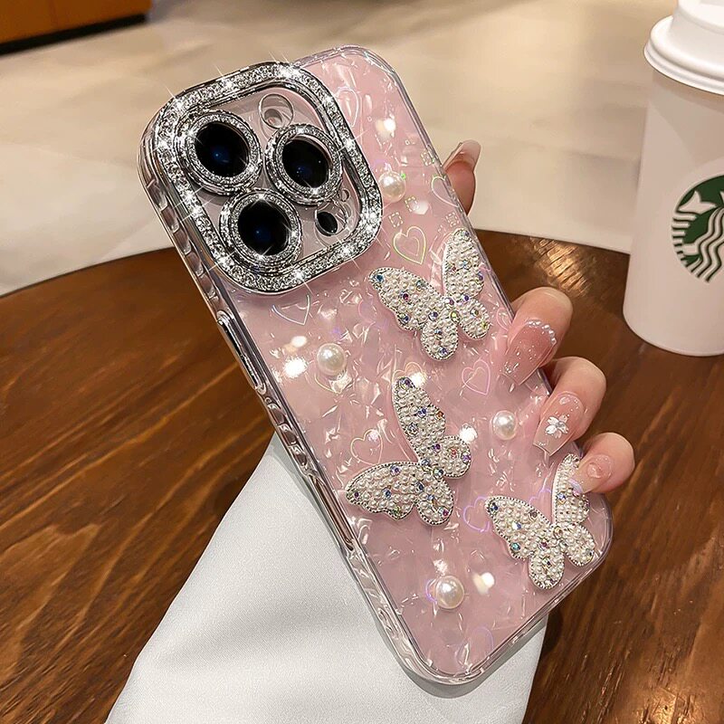 珍珠蝴蝶贝壳纹适用苹果16promax手机壳17Air新款女生外壳15plus高级感保护套14全包防摔带手链13自带镜头膜