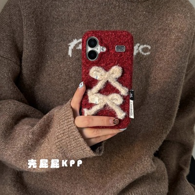 日韩卡通棕底毛毡雪莉玫蕾丝蝴蝶结适用苹果iphone17promax手机壳16pro少女心15pro防摔14pro保护套13手绳