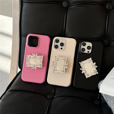 适用于苹果15ProMax手机壳防摔11234潮女款皮质硬壳镜子支架INS风荔枝纹精致水钻苹果保护壳高级
