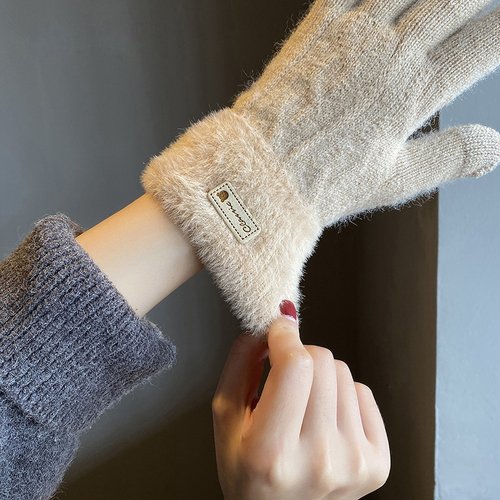 冬季可爱仿貂毛保暖五指手套骑行