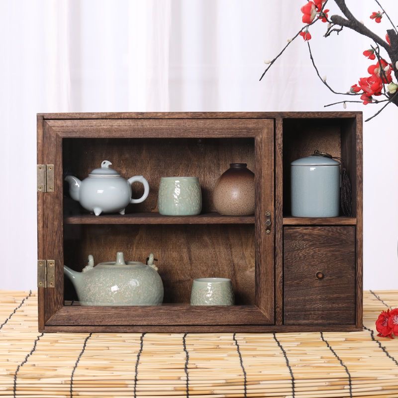 桌面收纳盒实木防尘茶杯架茶壶茶具储物柜厨房器皿餐边柜咖啡展柜