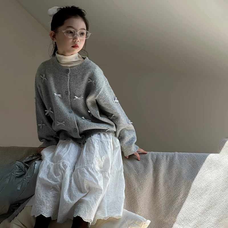 女童秋冬季韩版百搭灰色毛衣中大童休闲宽松蝴蝶结针织开衫外套