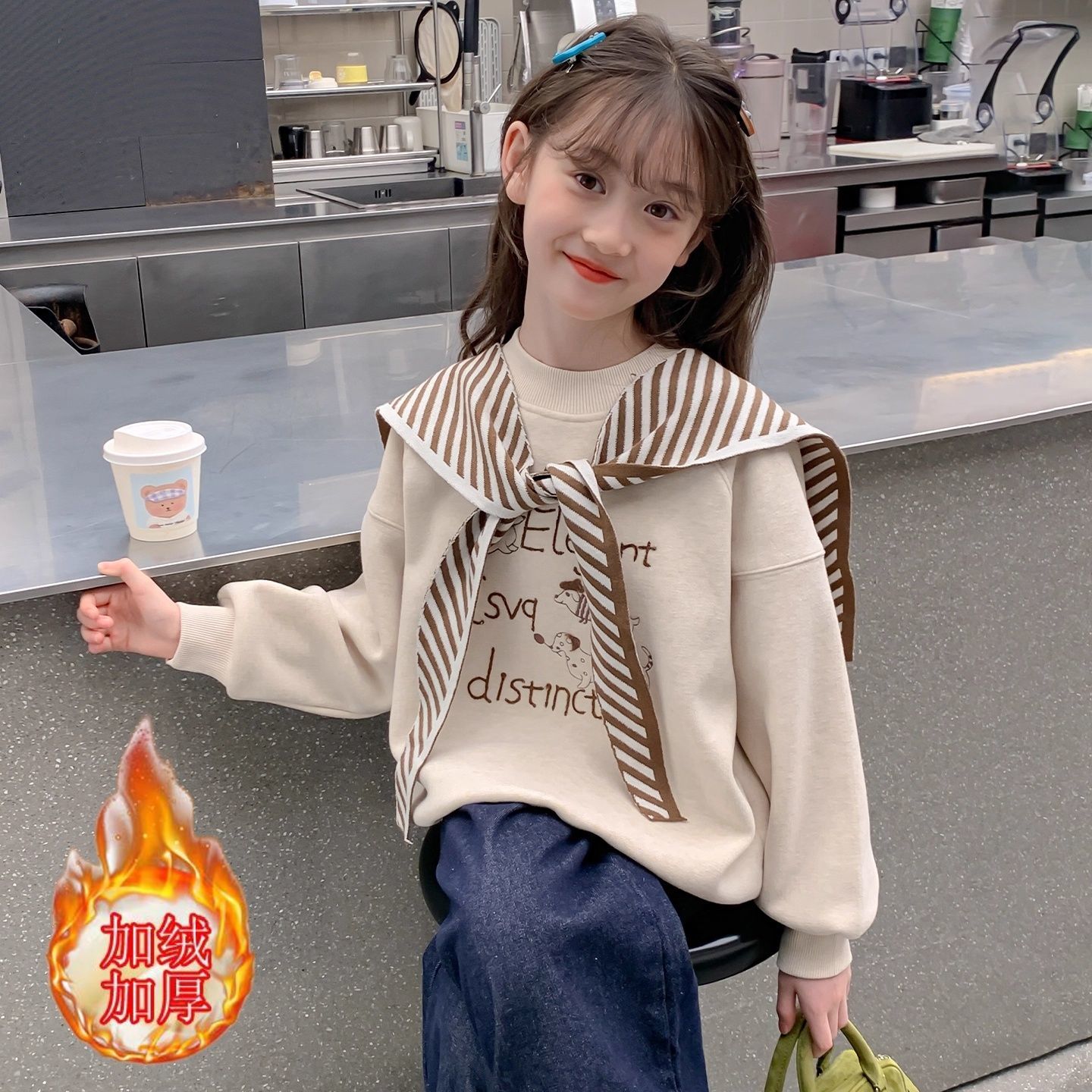 女童秋冬加绒卫衣2025新款儿童女大童韩版条纹披肩一体绒保暖上衣