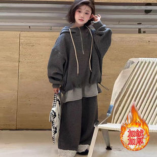 女童秋冬套装2025新款初中生女孩加绒上衣两件女大童冬装连帽衣服