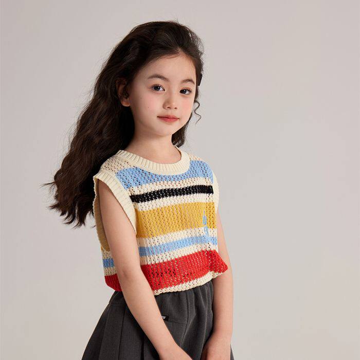 女童夏款背心2025新款韩版撞色薄款宽松无袖儿童洋气条纹针织马甲