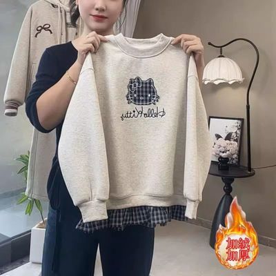 女童加绒假两件长袖卫衣印花小猫卡通印花加绒卫衣秋冬款韩版上衣