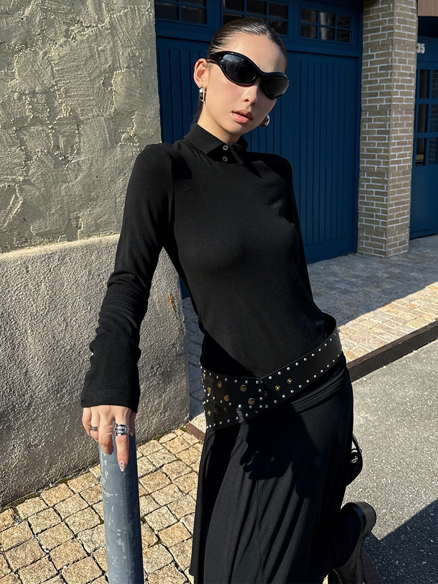 MMFISH时髦街头贝壳扣小翻领打底修身显瘦高弹长袖T恤25T523