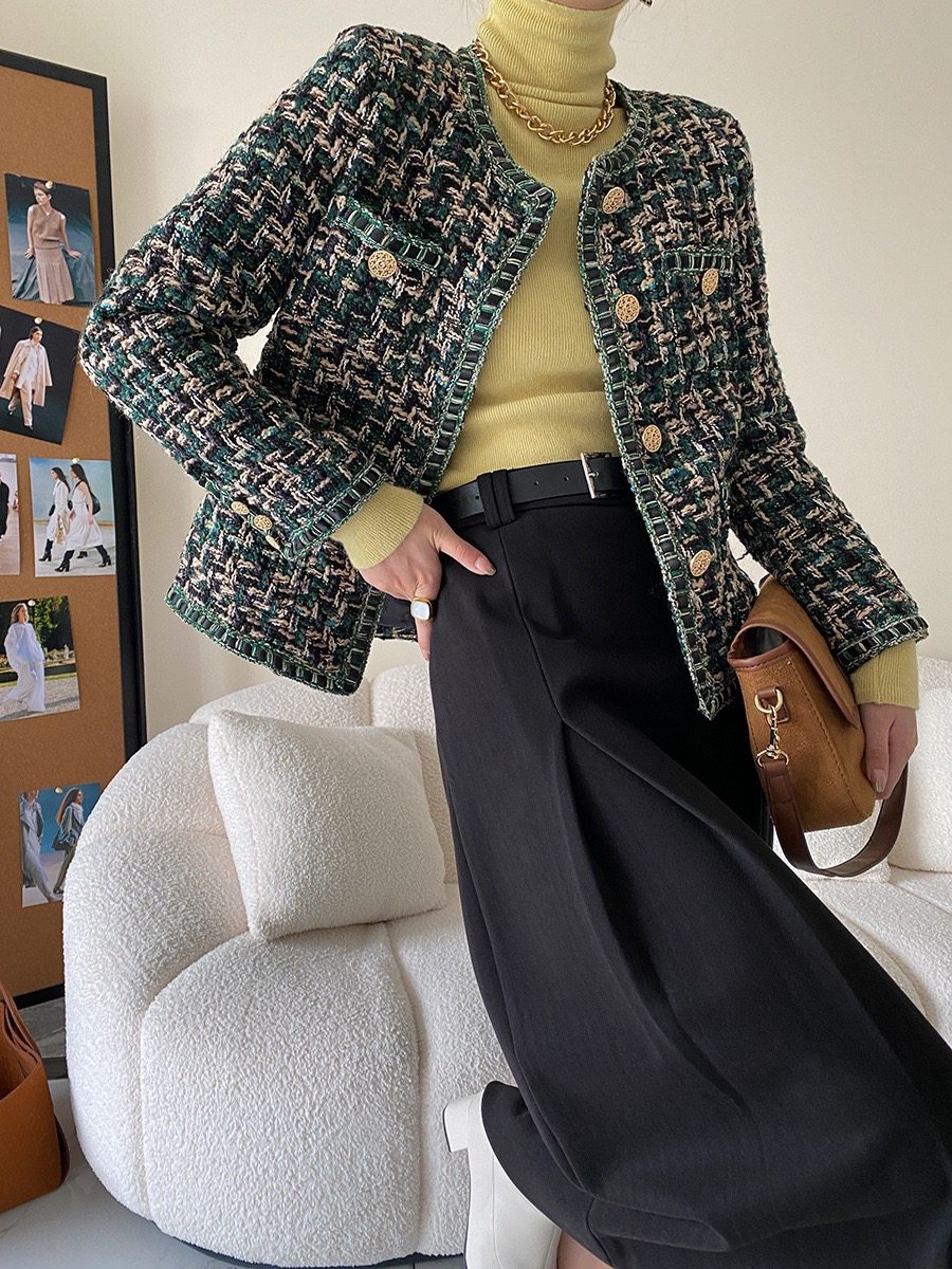 司南 法式小香风金扣粗花呢外套设计感小众秋冬新款 SN2279