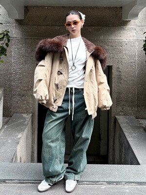 MMFISH时髦街头复古冬夹棉加厚牛角扣连帽大毛领派克服棉服24W480