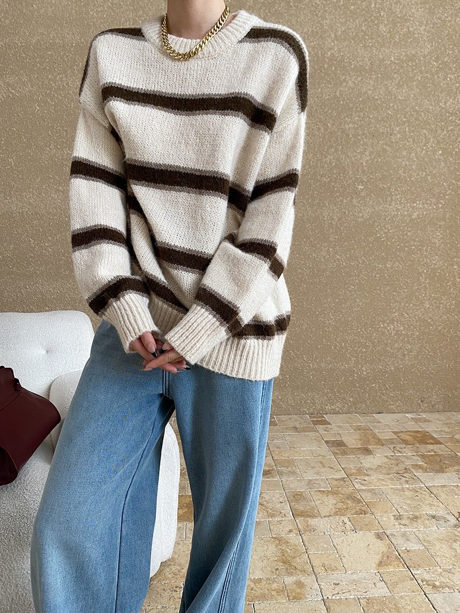 司南 中古学院风 软糯慵懒撞色条纹宽松圆领套头针织毛衣 SN6771
