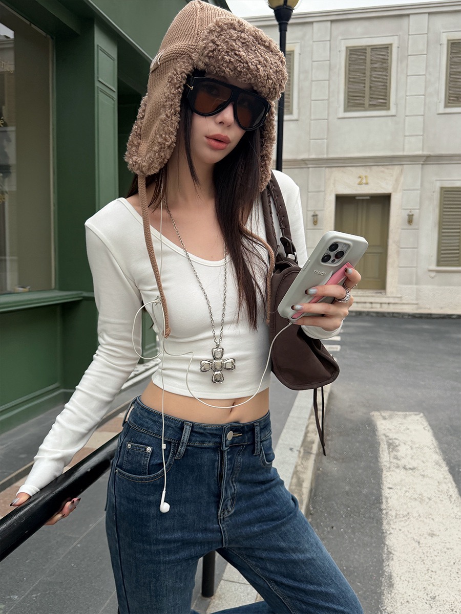 MMFISH时髦街头休闲纯色短款纯色打底衫大V前后两穿磨毛T25T629