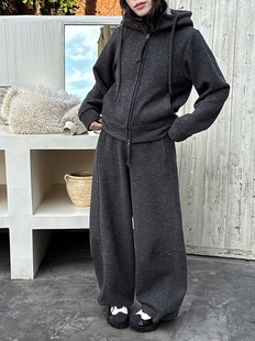 鹿西羊毛加绒连帽双拉链卫衣可调节束脚长裤 2108 气质休闲运动套装