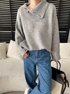 司南 小众设计感 时髦不规则纽扣翻领宽松显瘦针织衫毛衣 SN8696