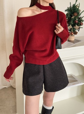 橘芷新款设计感挂脖斜领露肩洋气纯色长袖针织毛衣针织穿搭61216