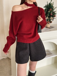 橘芷新款 针织毛衣针织穿搭61216 设计感挂脖斜领露肩洋气纯色长袖