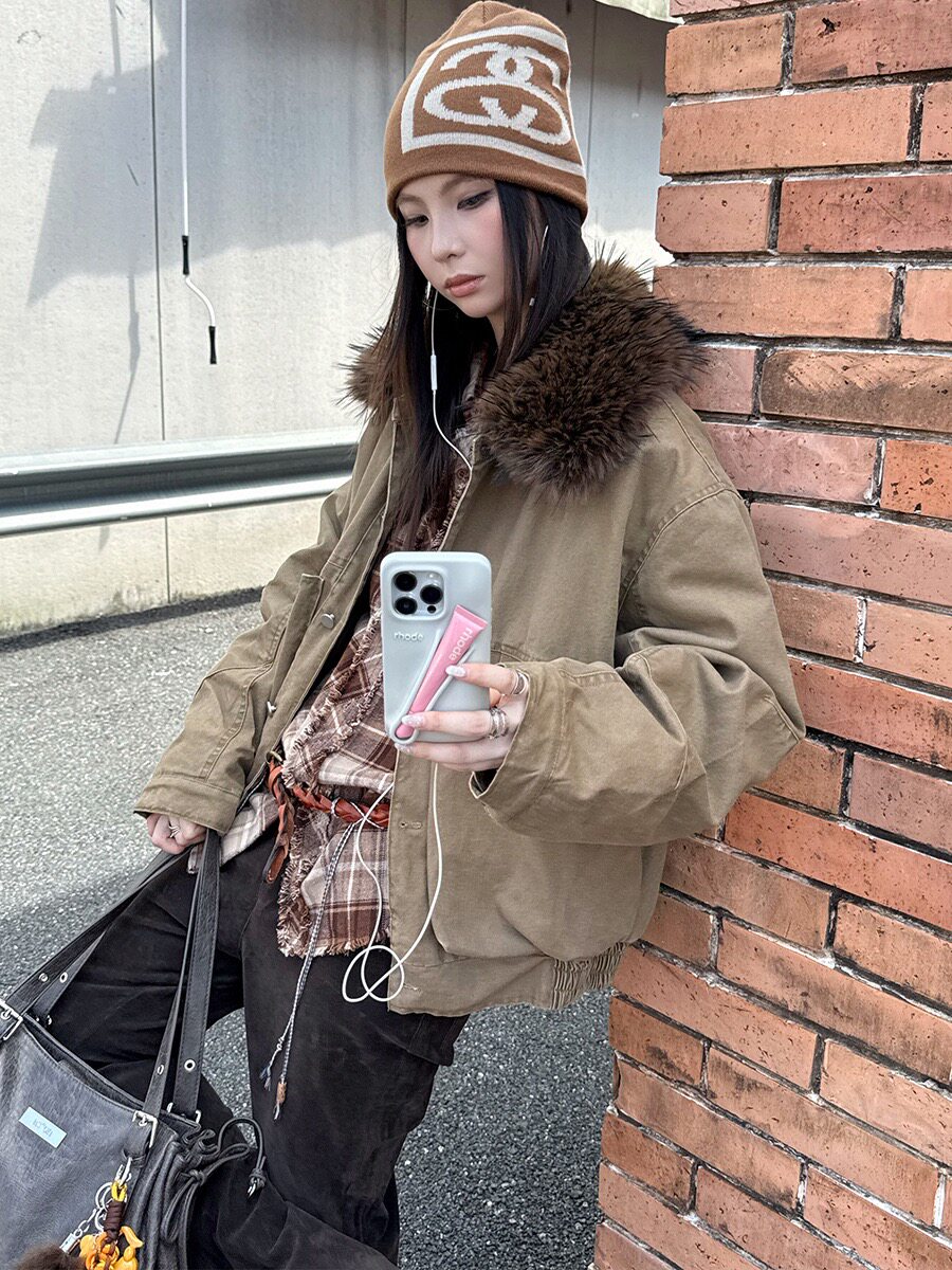 MMFISH时髦街头复古毛领洗水工装羽绒棉工装风加厚夹克外套25W592