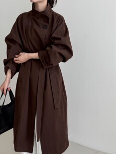 鹿西韩系高级感一粒扣立领宽松大衣女秋季新款中长款风衣外套3712